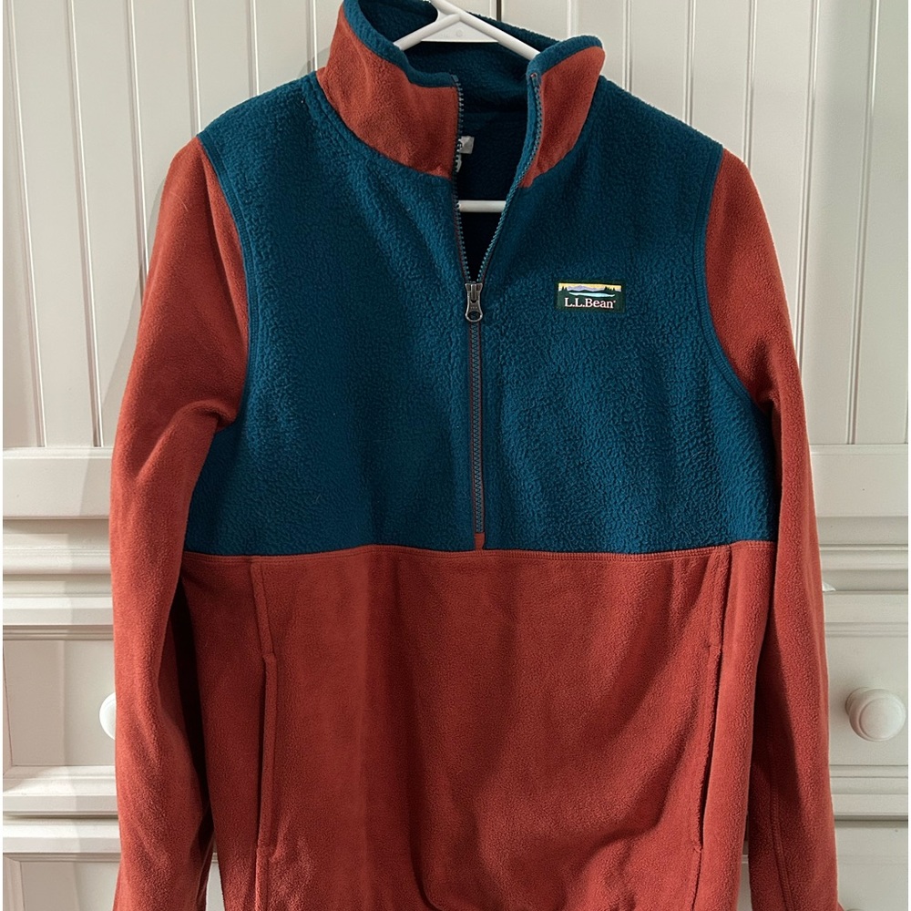 LL Bean burnt orange and teal fleece half zip